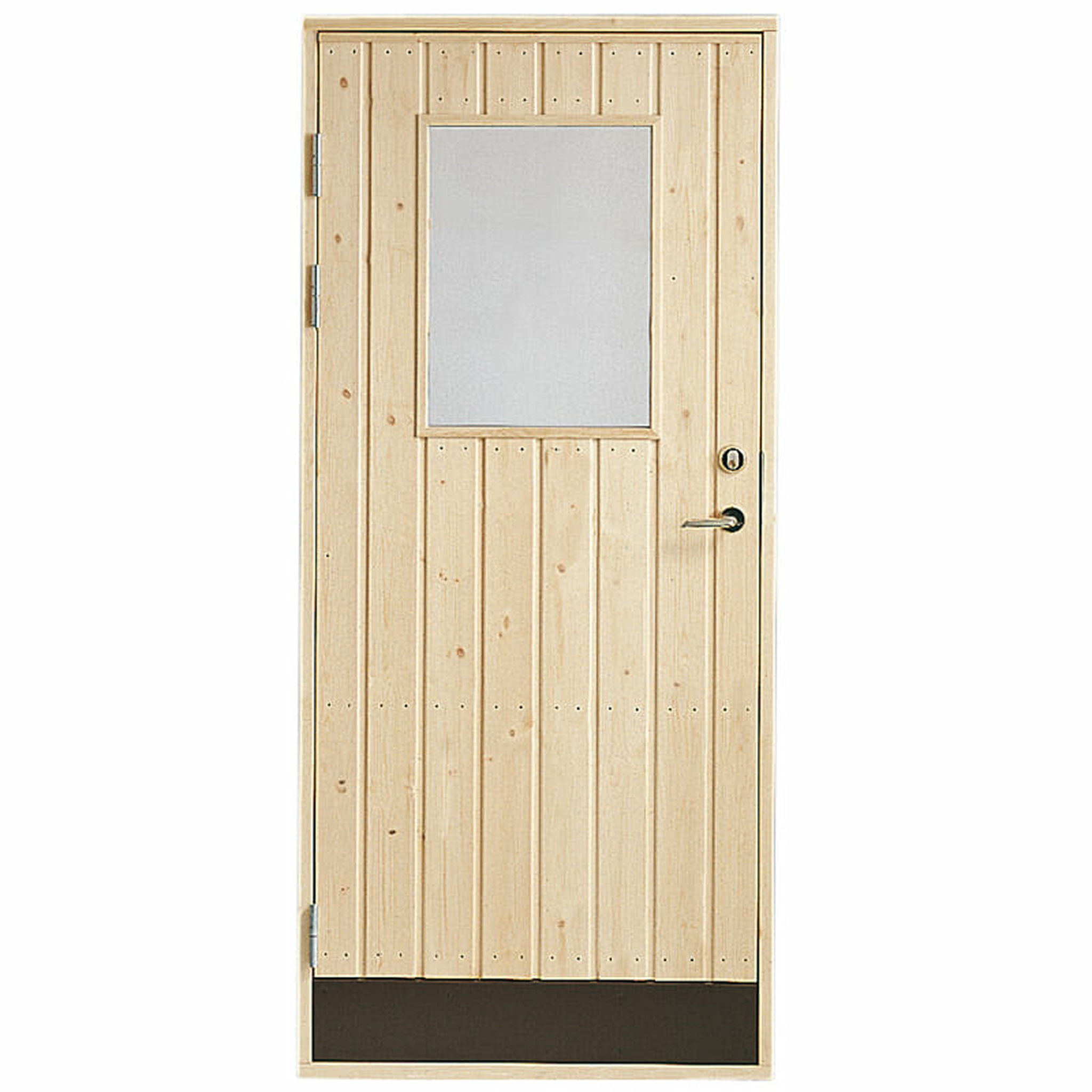 Ytterdörr i trä med rektangulär glasruta och rak panel – perfekt för friggebod, förråd eller attefallshus.