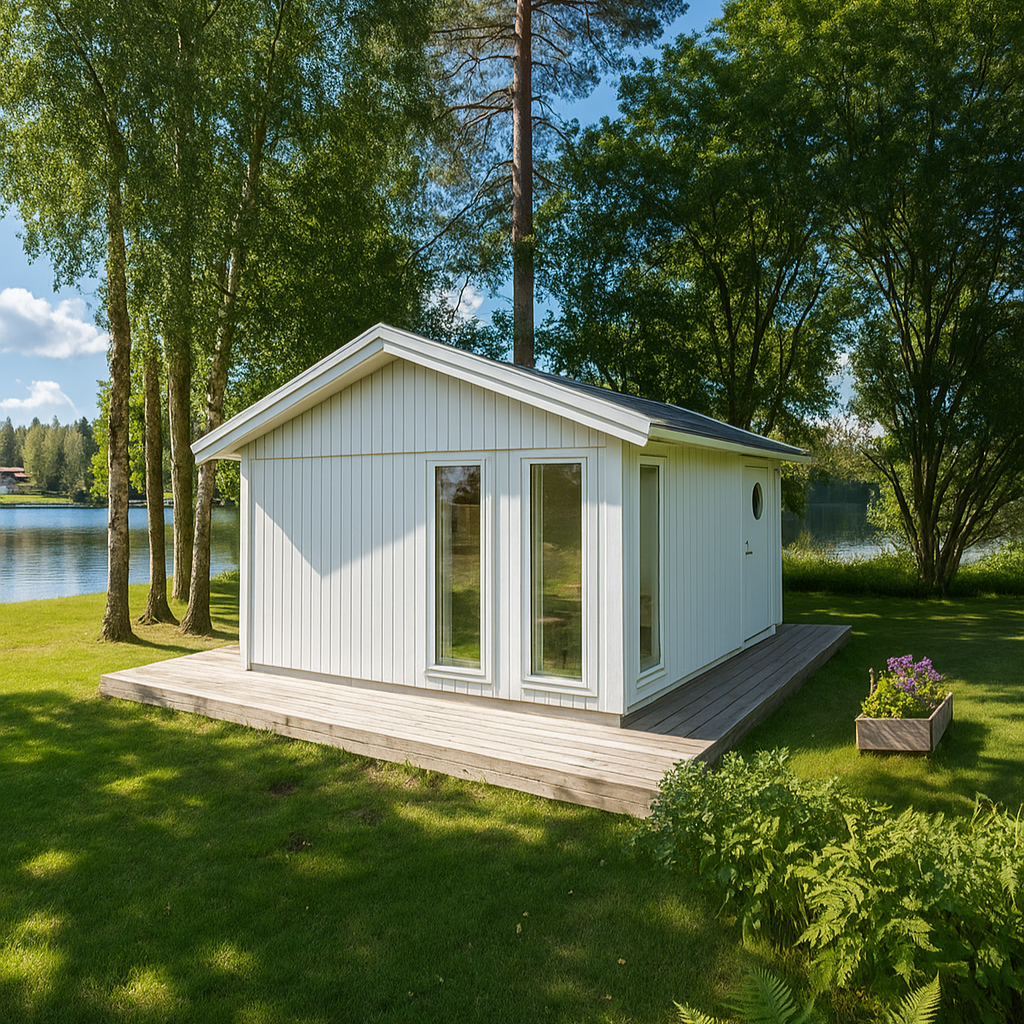 Vit attefallshus vid en sjö