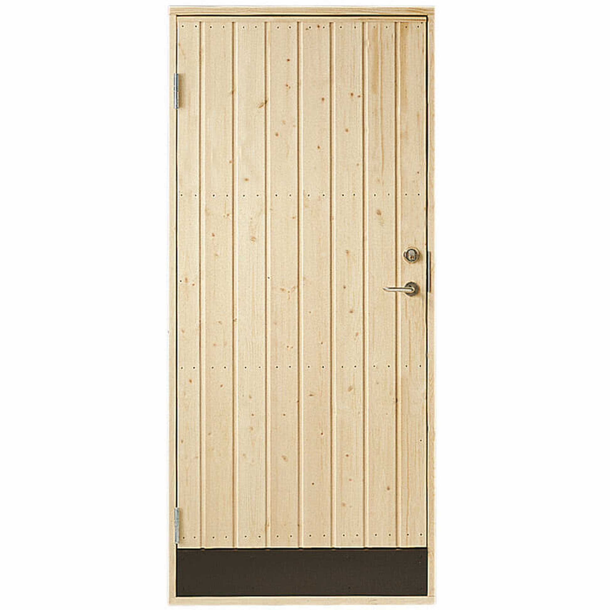 Ytterdörr i trä med rak panel – perfekt för friggebod, förråd eller attefallshus. Öppna från vänster. 