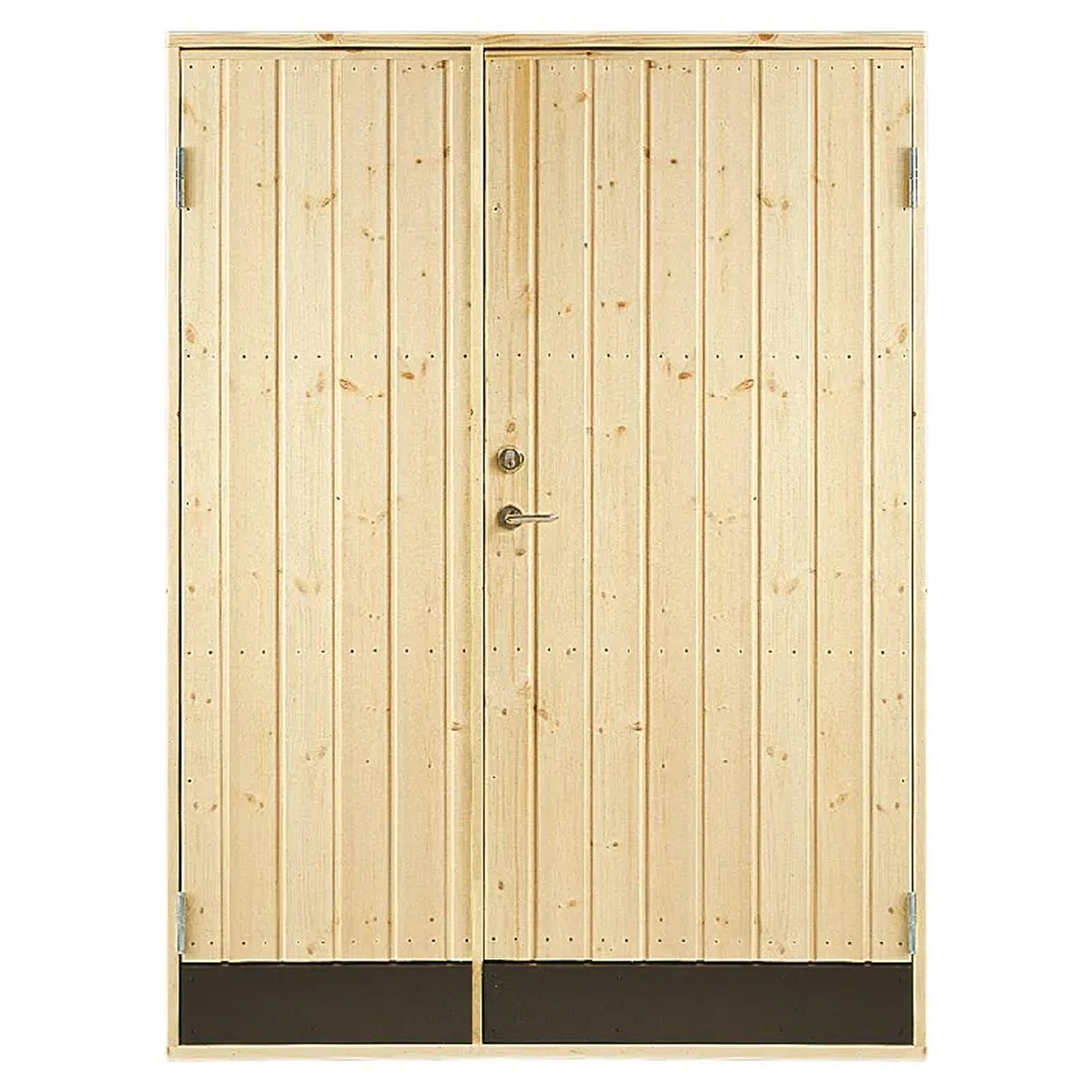 En ljus träfärgad dubbeldörr med rak panel, metallhandtag och två svarta botten paneler. Dörrarna har synliga gångjärn på ytterkanterna.