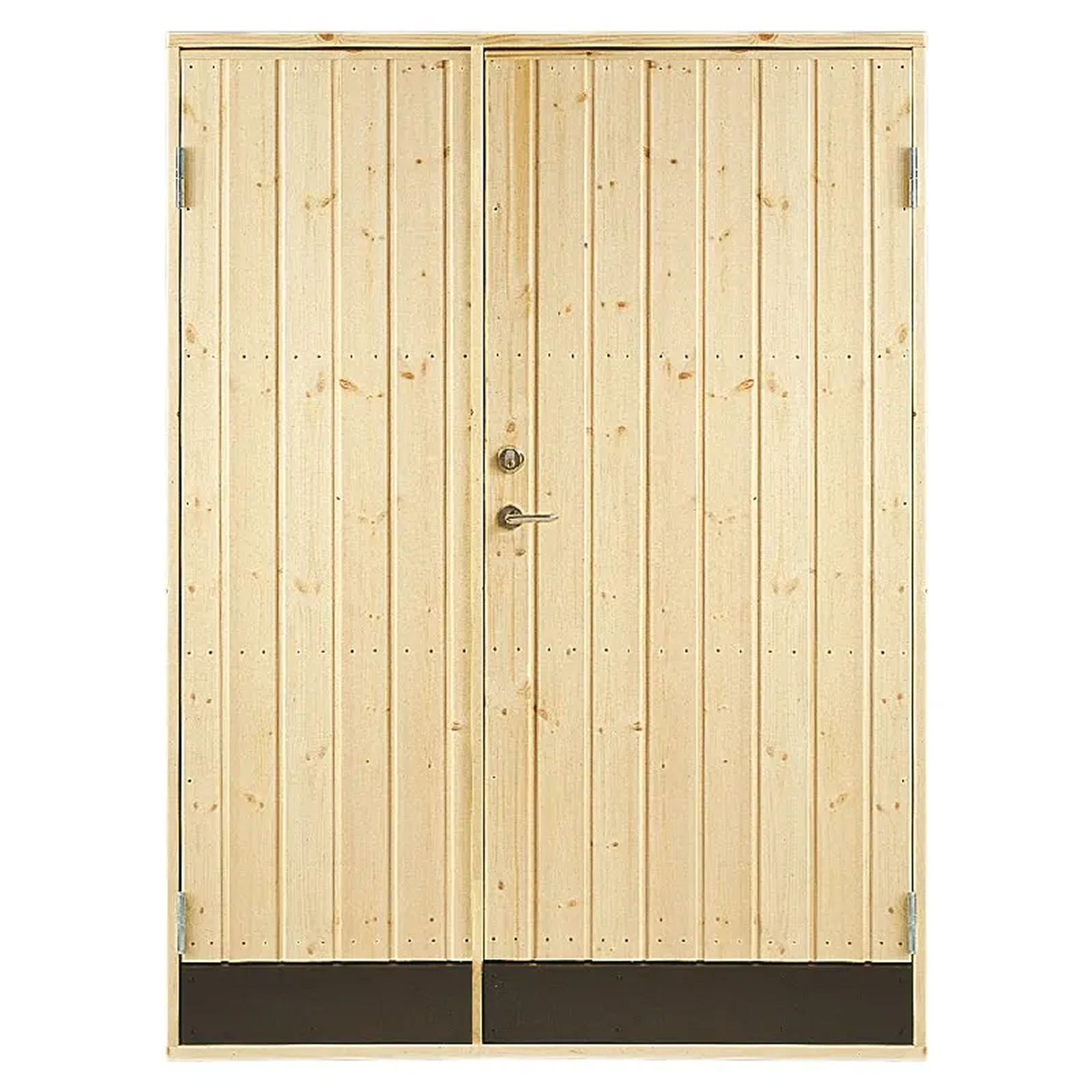 En ljus träfärgad dubbeldörr med rak panel, metallhandtag och två svarta botten paneler. Dörrarna har synliga gångjärn på ytterkanterna.