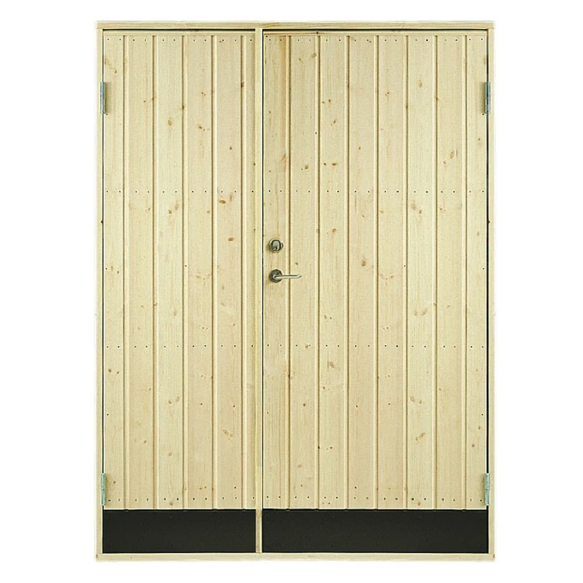 En ljus träfärgad dubbeldörr med rak panel, metallhandtag och två svarta botten paneler. Dörrarna har synliga gångjärn på ytterkanterna.