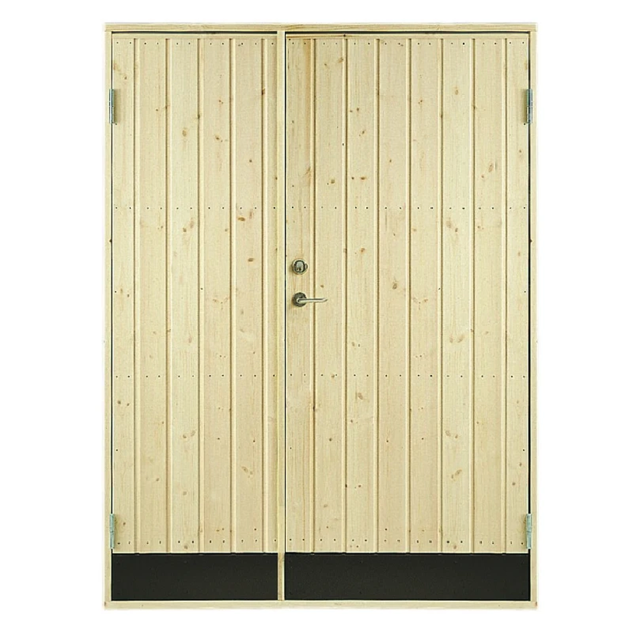 En ljus träfärgad dubbeldörr med rak panel, metallhandtag och två svarta botten paneler. Dörrarna har synliga gångjärn på ytterkanterna.
