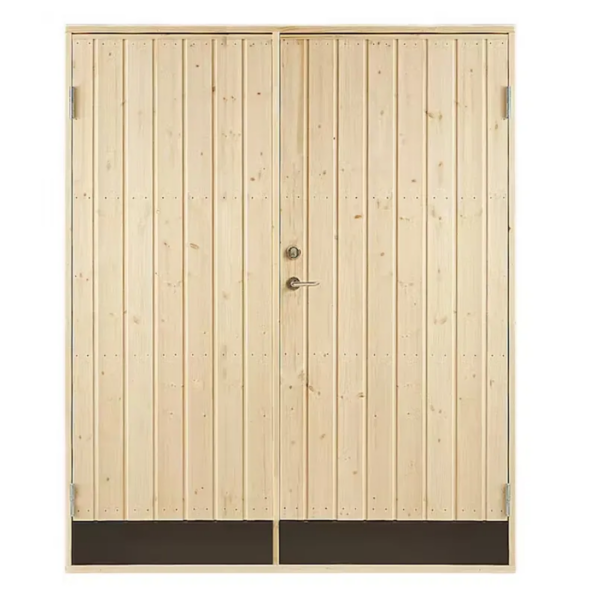 En ljus träfärgad dubbeldörr med rak panel, metallhandtag och två svarta botten paneler. Dörrarna har synliga gångjärn på ytterkanterna.