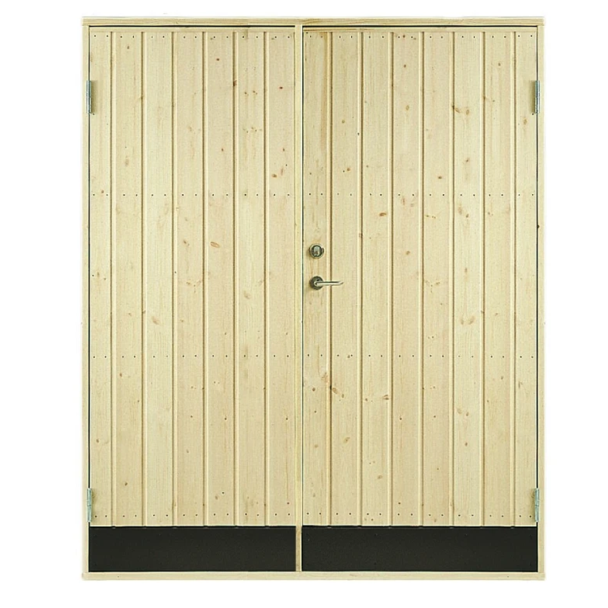 En ljus träfärgad dubbeldörr med rak panel, metallhandtag och två svarta botten paneler. Dörrarna har synliga gångjärn på ytterkanterna.