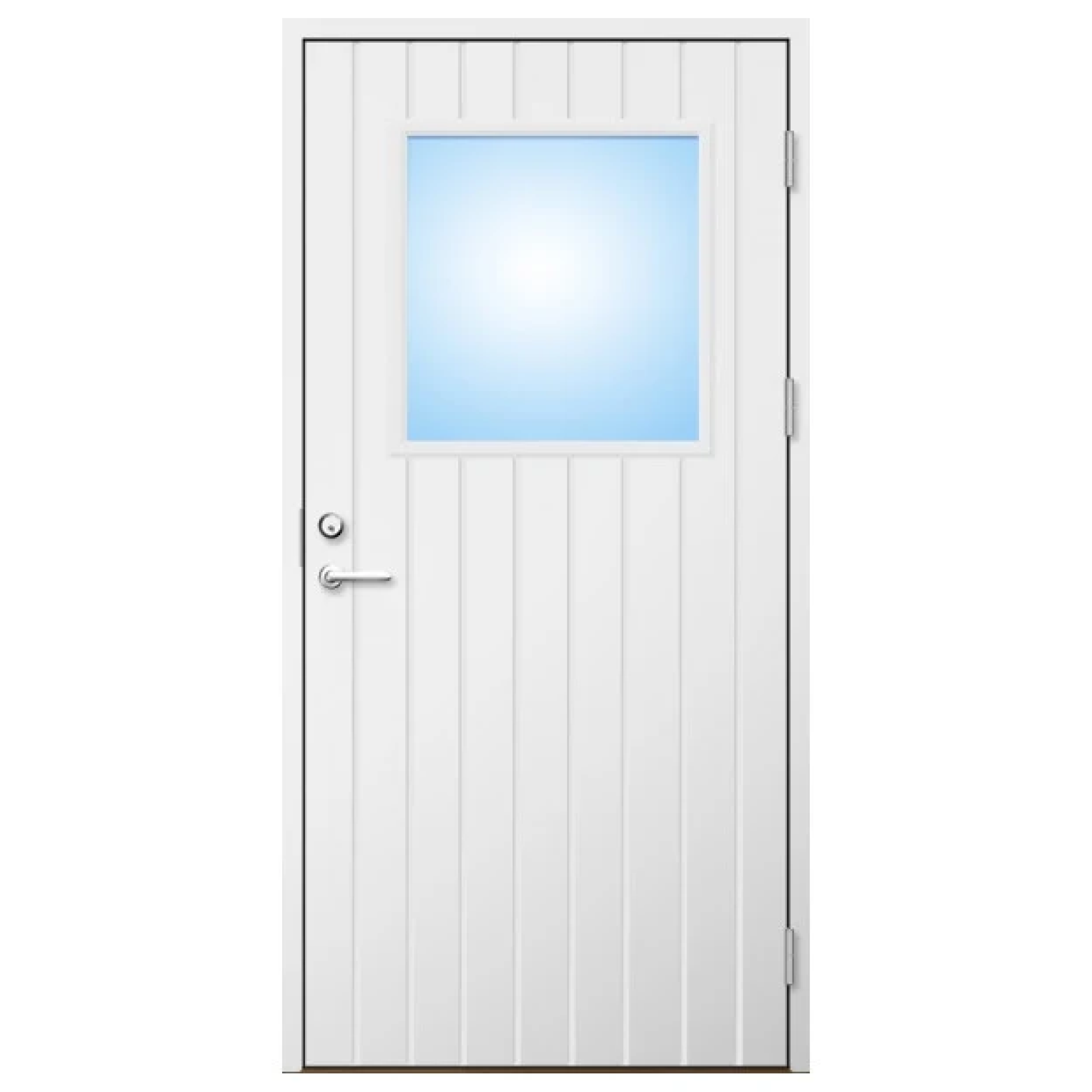 En vit dörr med vertikala paneler och ett fyrkantigt fönster i mitten. Dörren har ett silverfärgat handtag och synliga gångjärn på höger sida.