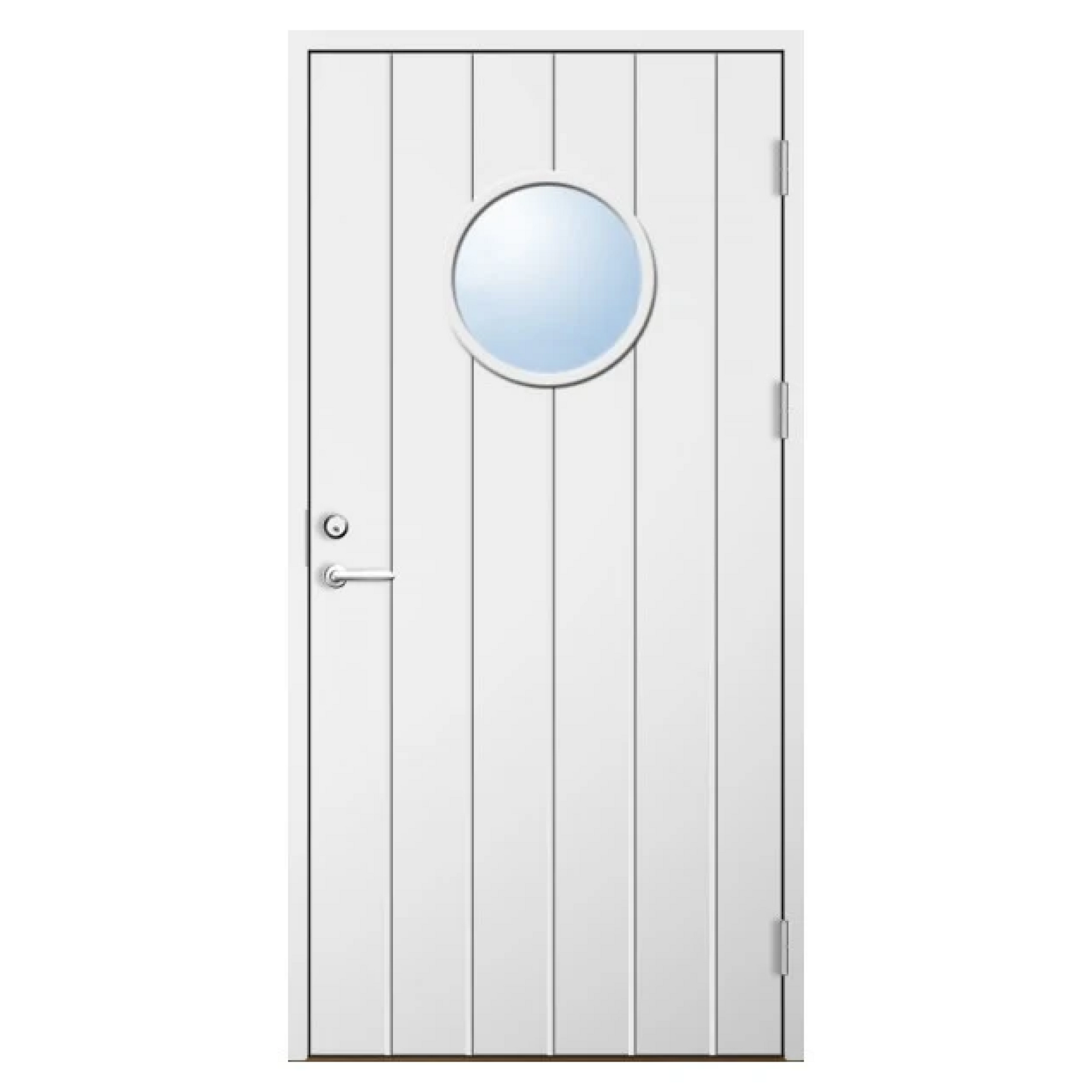 En vit dörr med vertikala paneler och ett runt fönster i mitten. Dörren har ett silverfärgat handtag och synliga gångjärn på höger sida.